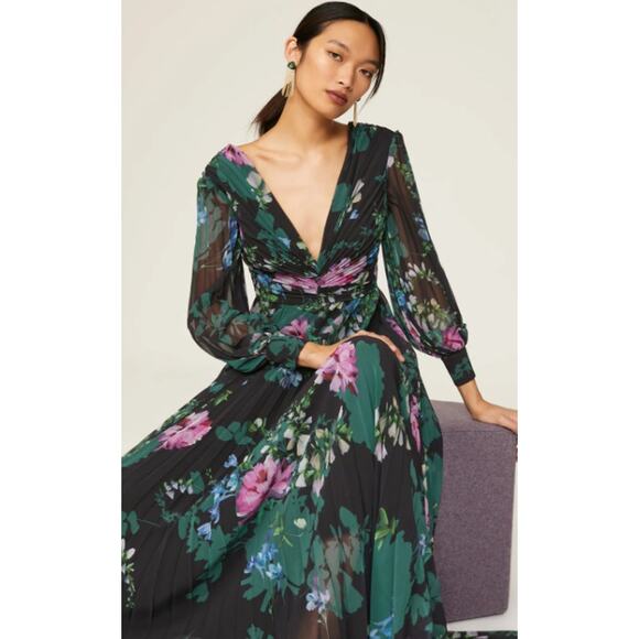 Badgley Mischka Pleated Black Floral Gown Size 4 - Picture 4 of 10